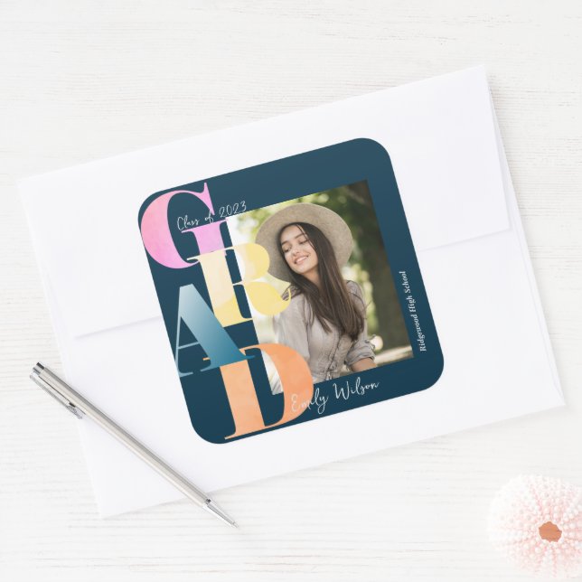 Beautiful Blue Bold Font Photo 2024 Graduation Square Sticker (Envelope)
