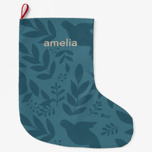 Beautiful Blue Botanical Print with Name Large Christmas Stocking