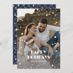 Beautiful Blue Buffalo Plaid Snow Stars Photo Holiday Card