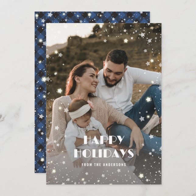 Beautiful Blue Buffalo Plaid Snow Stars Photo Holiday Card (Front/Back)