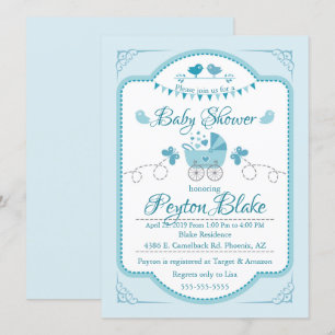 Beautiful Blue Buggy Baby Shower Invite