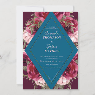 Beautiful Blue Burgundy Blush Pink Floral Wedding Invitation