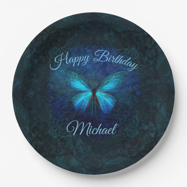 Beautiful Blue Butterfly Birthday Paper Plate (Front)