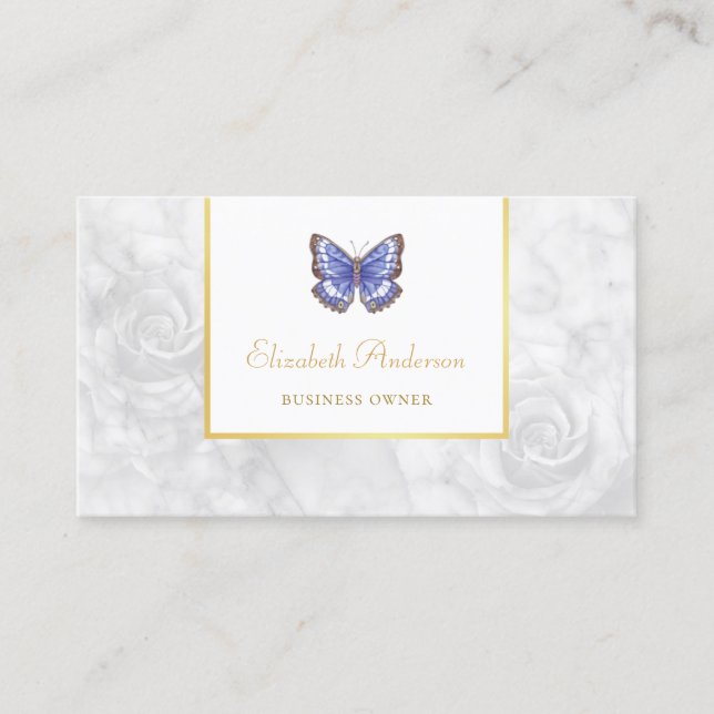 Beautiful Blue Butterfly Elegant Rose White Marble Business Card (Front)