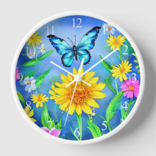 Beautiful Blue Butterfly in a Flower Meadow Clock