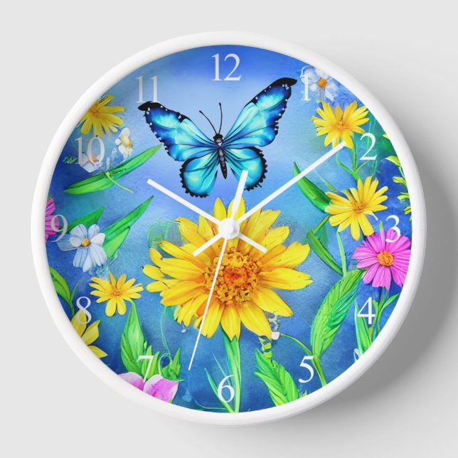 Beautiful Blue Butterfly in a Flower Meadow Clock (Front)