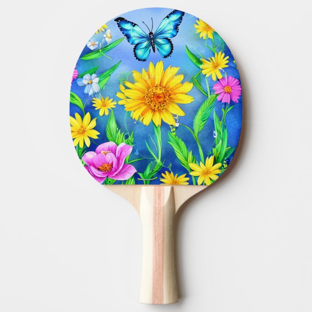 Beautiful Blue Butterfly in a Flower Meadow Ping Pong Paddle (Front)
