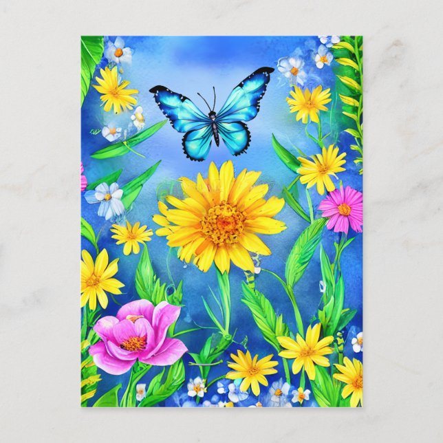 Beautiful Blue Butterfly in a Flower Meadow Postcard (Front)
