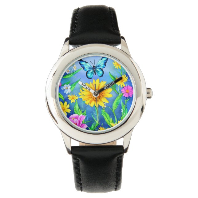 Beautiful Blue Butterfly in a Flower Meadow Watch (Front)