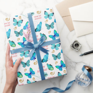 Beautiful Blue Butterfly Swirl Birthday Wrapping Paper