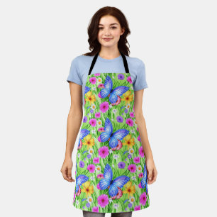 Beautiful Blue Butterfly with flowers Watercolor  Apron