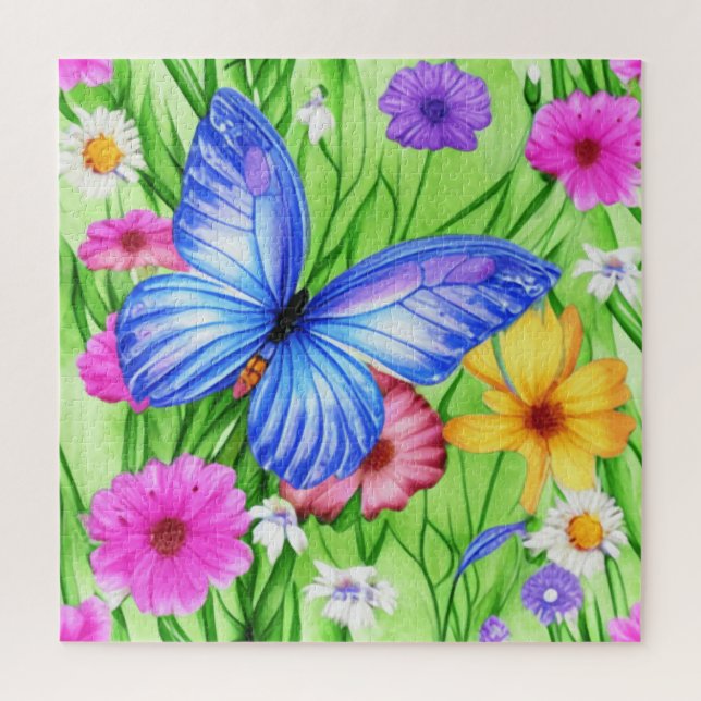 Beautiful Blue Butterfly with flowers Watercolor  Jigsaw Puzzle (Vertical)