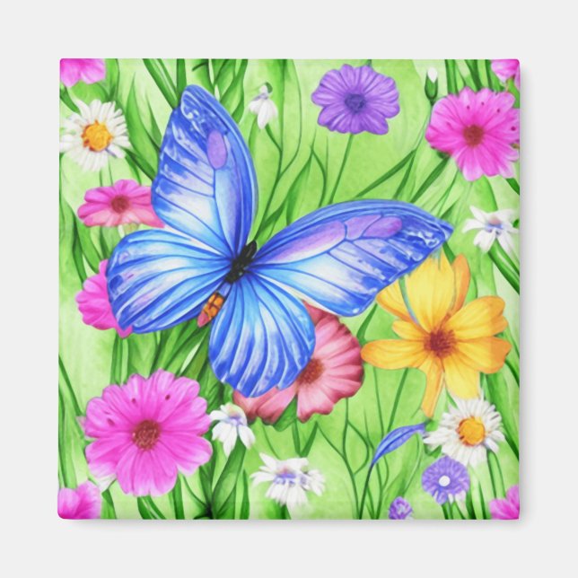 Beautiful Blue Butterfly with flowers Watercolor  Magnet (Front)