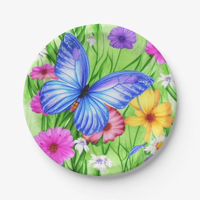 Beautiful Blue Butterfly with flowers Watercolor  Paper Plate (Front)