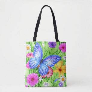 Beautiful Blue Butterfly with flowers Watercolor Tote Bag