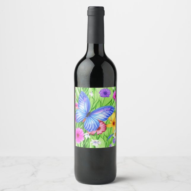 Beautiful Blue Butterfly with flowers Watercolor  Wine Label (Front)