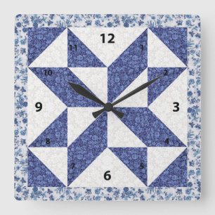 Beautiful Blue Calico Quilted Look Square Wall Clock