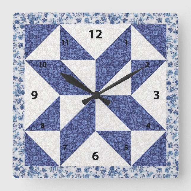 Beautiful Blue Calico Quilted Look Square Wall Clock (Front)