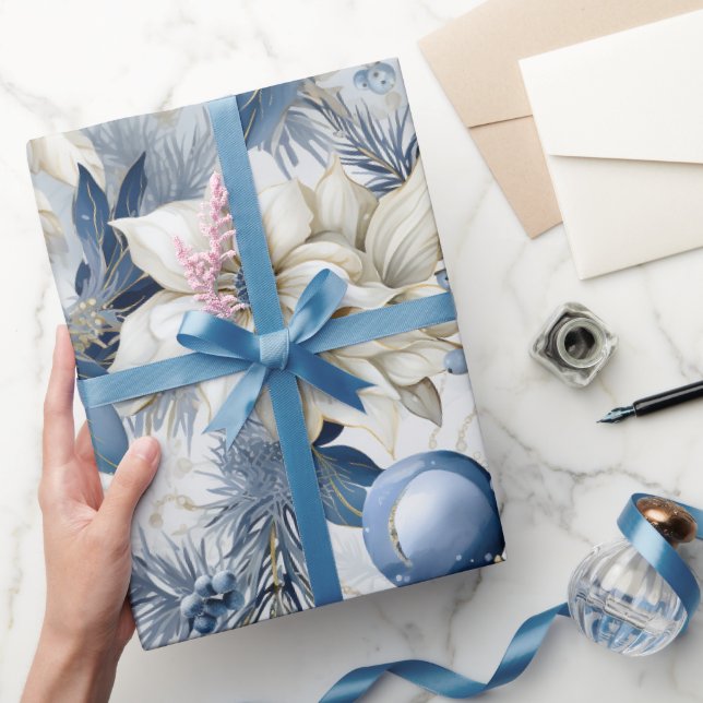 Beautiful Blue Christmas Baubles Xmas Flowers Wrapping Paper (Gifting)