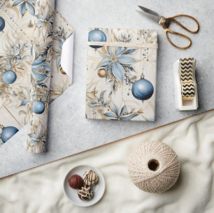 Beautiful Blue Christmas Baubles Xmas Flowers Wrapping Paper