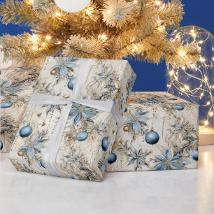 Beautiful Blue Christmas Baubles Xmas Flowers Wrapping Paper