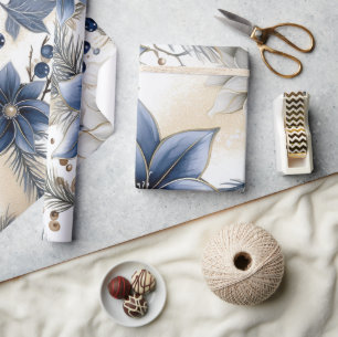 Beautiful Blue Christmas, Berries, Floral  Wrapping Paper