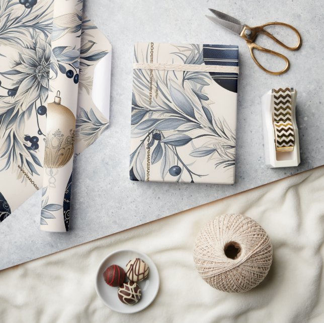 Beautiful Blue Christmas Floral Baubles Wrapping Paper (Crafts)
