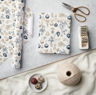 Beautiful Blue Christmas Floral Baubles Wrapping Paper