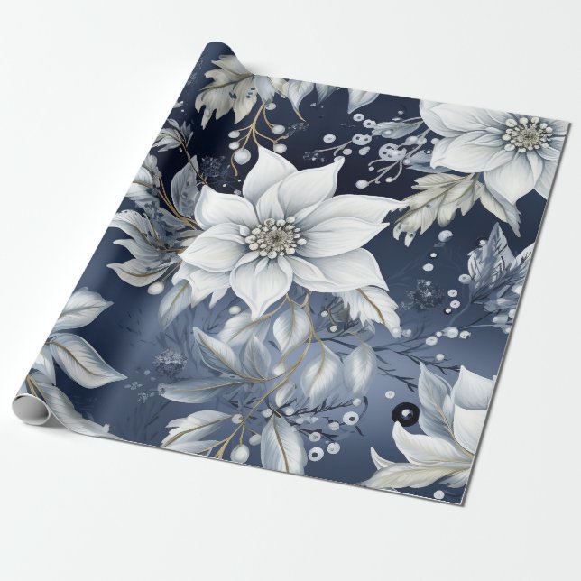 Beautiful Blue Christmas Floral  Wrapping Paper (Unrolled)