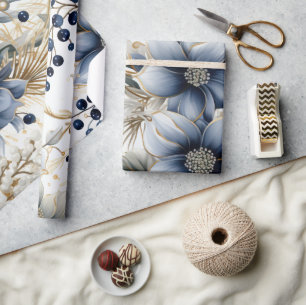 Beautiful Blue Christmas Floral Wrapping Paper