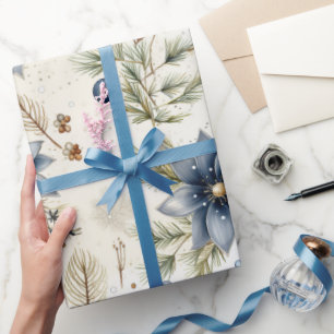 Beautiful Blue Christmas Floral  Wrapping Paper