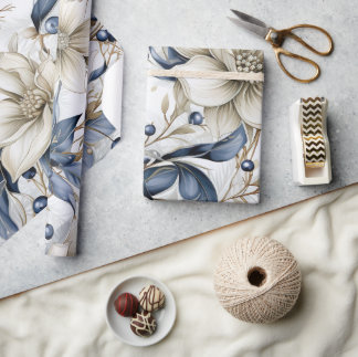Beautiful Blue Christmas Floral  Wrapping Paper