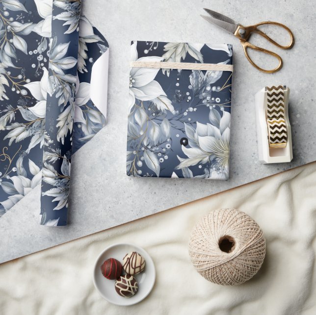 Beautiful Blue Christmas Floral  Wrapping Paper (Crafts)