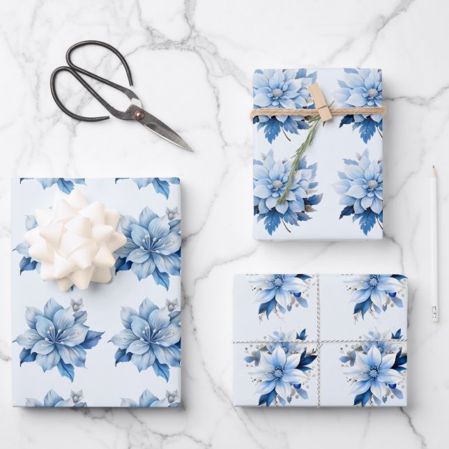 Beautiful Blue Christmas Flowers  Wrapping Paper Sheet (Front)
