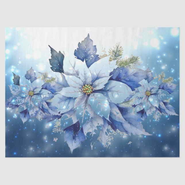 Beautiful Blue Christmas Poinsettias Decoupage Tissue Paper (Front)