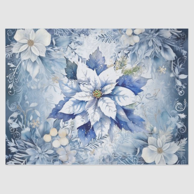 Beautiful Blue Christmas Poinsettias Decoupage Tissue Paper (Front)