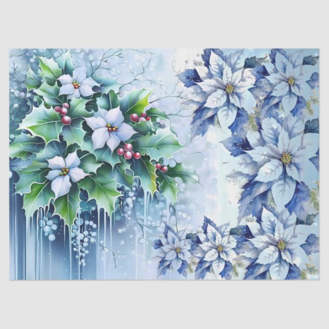 Beautiful Blue Christmas Poinsettias Decoupage Tissue Paper (Front)