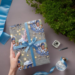 Beautiful Blue Christmas Sleighs Steel Grey Wrapping Paper