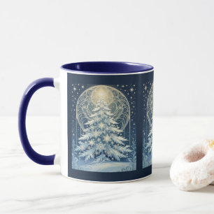 Beautiful Blue Christmas Yule Tree Snow And Stars Mug