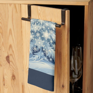 Beautiful Blue Christmas Yule Tree Snow And Stars Tea Towel