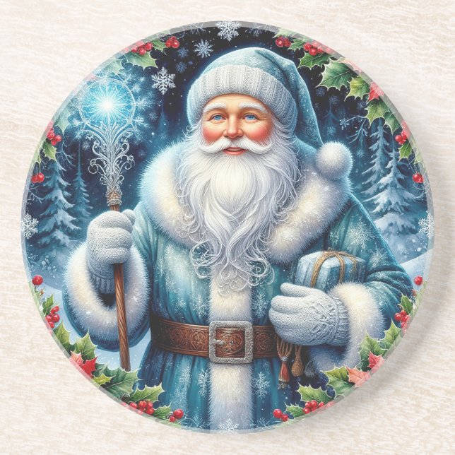 Beautiful Blue-Clad Santa With Winter Decorations Coaster (Front)