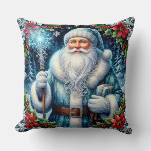 Beautiful Blue-Clad Santa With Winter Decorations Cushion