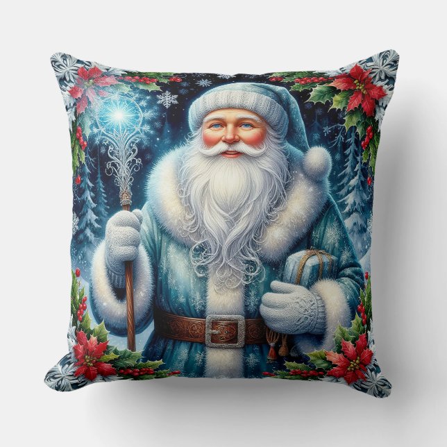 Beautiful Blue-Clad Santa With Winter Decorations Cushion (Front)
