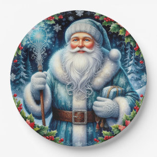 Beautiful Blue-Clad Santa With Winter Decorations Paper Plate