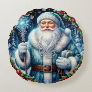 Beautiful Blue-Clad Santa With Winter Decorations Round Cushion