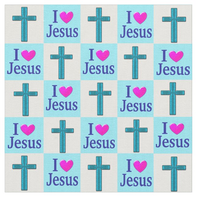 BEAUTIFUL BLUE CROSS I LOVE JESUS FABRIC (Close Up)