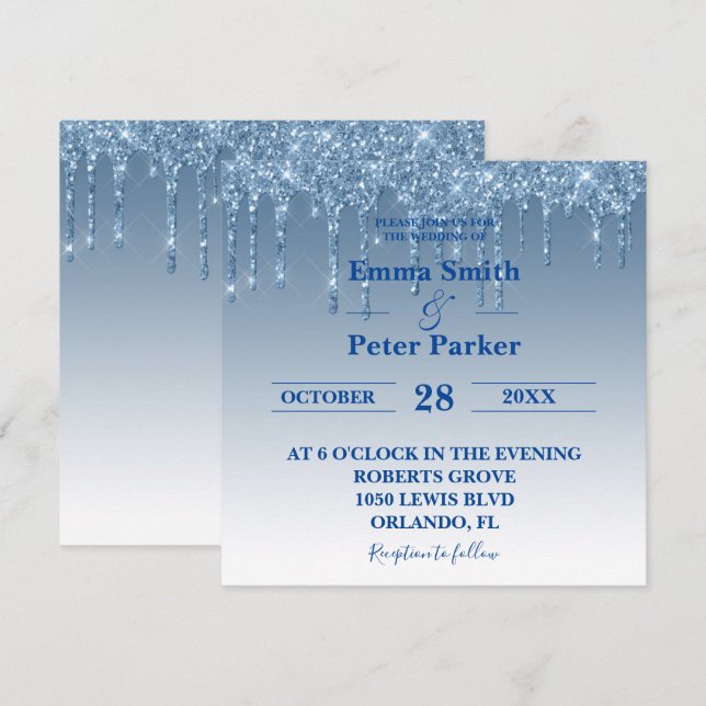 Beautiful Blue Dripping Glitter Wedding Invitation (Front/Back)