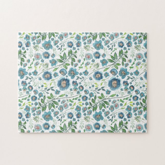 Beautiful Blue Elegant Watercolor Flowers Jigsaw Puzzle (Horizontal)