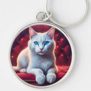 Beautiful Blue Eyed Albino Cat On Exotic Red Sofa Key Ring