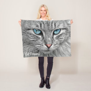 Beautiful Blue Eyed Gray and White Cat Fleece Blanket